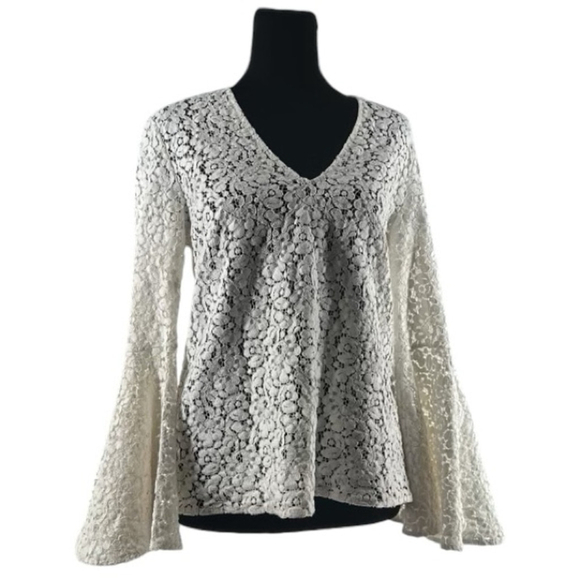 Zara Blouse Cream Floral Lace Boho Bell Sleeve Festival sz xs - Picture 5 of 14